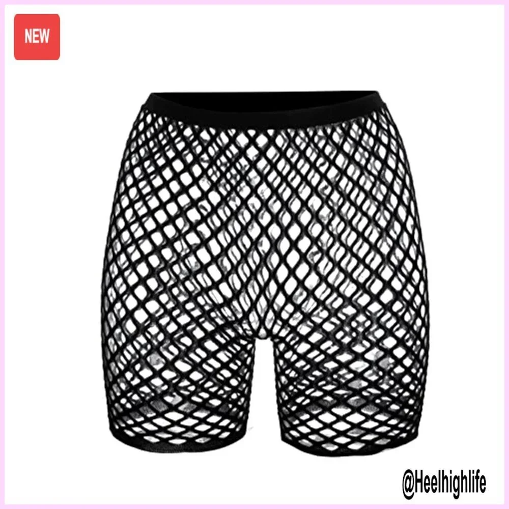 Fishnet Mesh Biker Shorts High Waist Swim Cover Up One Size